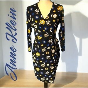 Anne Klein-NWT faux wrap dress size 6. Pretty modern floral. Black/yellow/blue